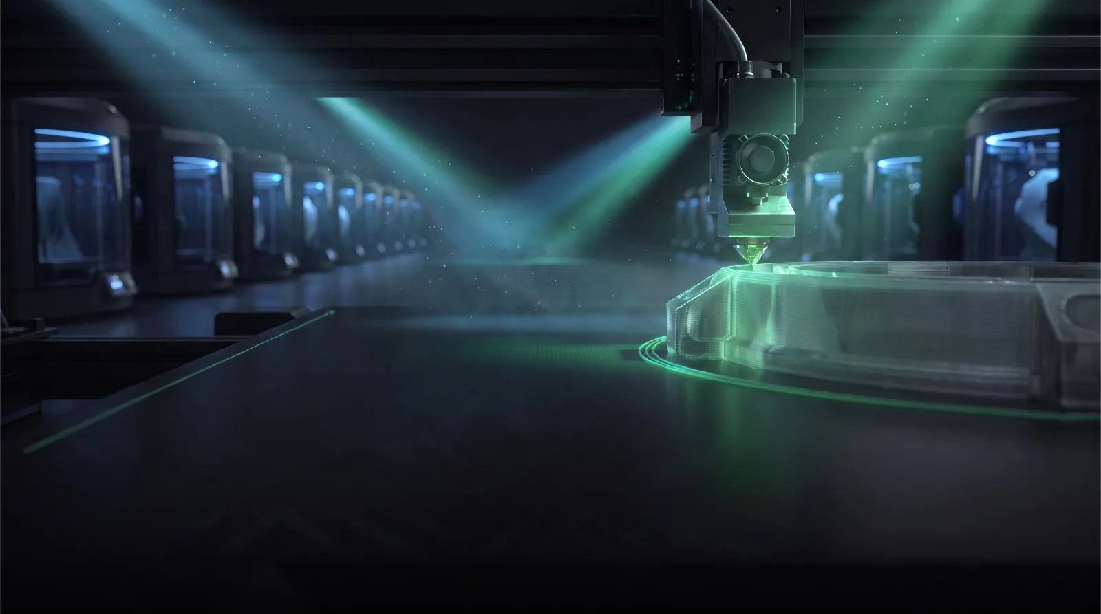 Cabezal fabricando una pieza frente a una línea de impresoras 3D de IndustrialPrint